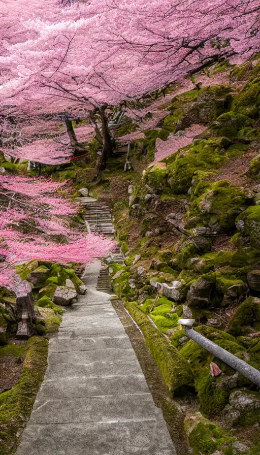 Prompt: a shinto shrine path atop a mountain,spring,cherry trees,beautiful,nature,distant shot,random angle