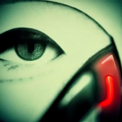 Image similar to profile of a beautiful! male with red mechanical! eye, neon glowing dark background by Tomohiro Suzuki