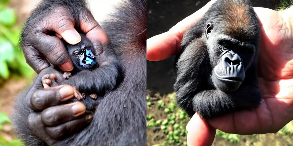 Prompt: silverback gorilla sitting in the palm of a human's hand