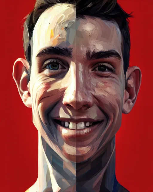 Image similar to painting, of smiling boy, shards of time, face portrait, centered portrait, medium full shot, illustration, highly detailed, simple, no jagged lines, smooth, artstation, artwork by obey, artwork by sandra chevrier