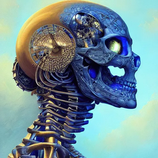 Image similar to hyperdetailed robotic skeleton head with blue human eyes, blue eyes, symetry, golden ratio, intricate, detailed, volumetric lighting, scenery, digital painting, highly detailed, artstation, sharp focus, illustration, artstation, art by artgerm and greg rutkowski and alphonse mucha