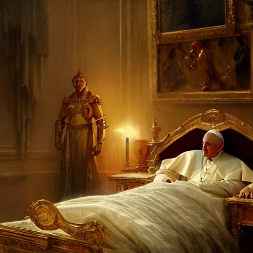 Prompt: the pope is in his bedroom, terrified because demons are attacking him. highly detailed painting by gaston bussiere, greg rutkowski, craig mullins 8 k