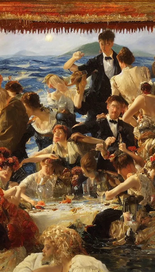 Image similar to still life painting of midsummer party getting flooded by tsunami, by Peder Krøyer, golden hour, dramatic lighting, epic, gargantuan, intricate detail, canvas print