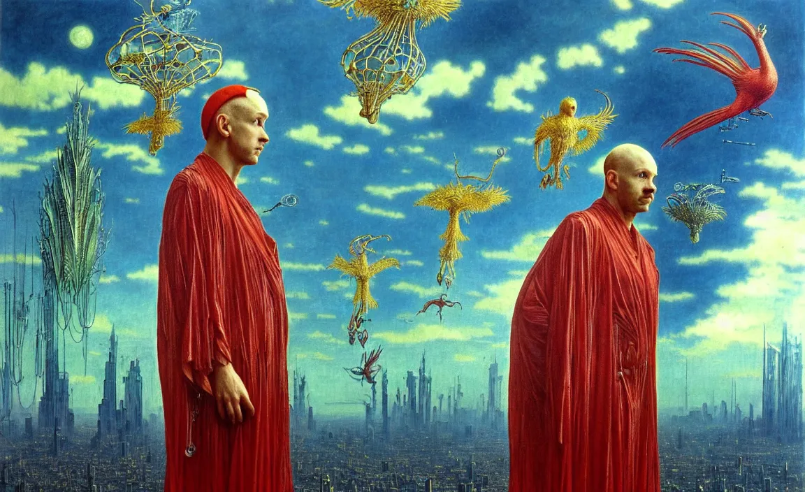 Image similar to realistic detailed portrait movie shot of a birdman wearing reflective transparent robes, sci fi city landscape background by denis villeneuve, amano, yves tanguy, alphonse mucha, ernst haeckel, max ernst, roger dean, masterpiece, rich moody colours, blue eyes