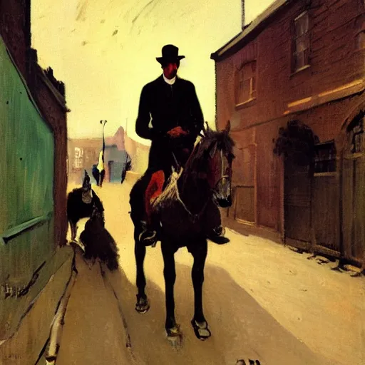 Image similar to painting of a man on a horse in a Dublin alleyway, painted by George Bellows, 1905