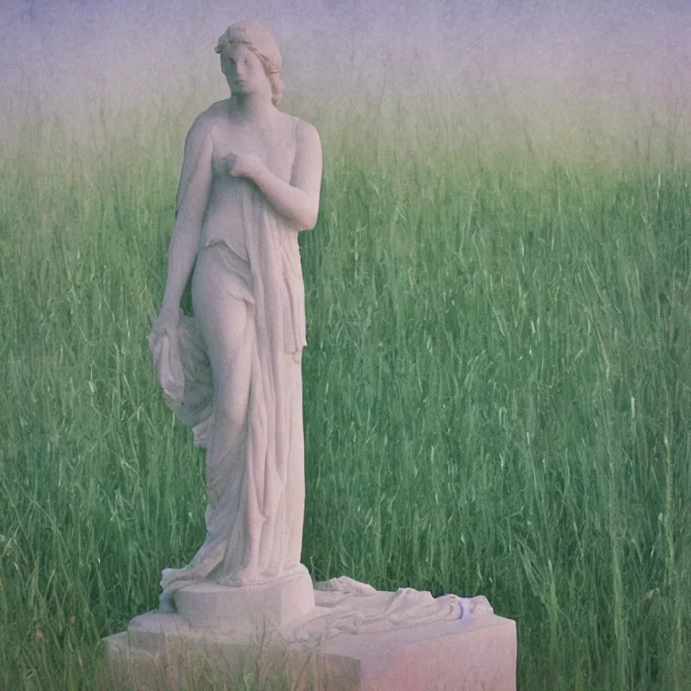 Prompt: a marble statue stained with watercolor in a field of grass, film photo, soft lighting album cover, nostalgia, gradient