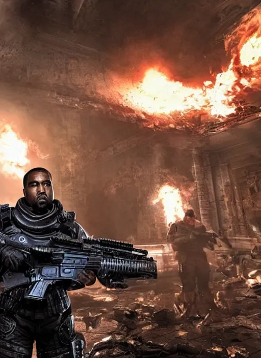 Image similar to kanye west as muammar kadhafi in gears of war, splash art, movie still, detailed face, cinematic lighting, dramatic, octane render, long lens, shallow depth of field, bokeh, anamorphic lens flare, 8 k, hyper detailed, 3 5 mm film grain