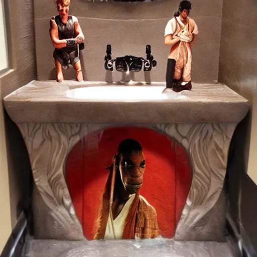 Image similar to a sink that is themed after jar jar binks