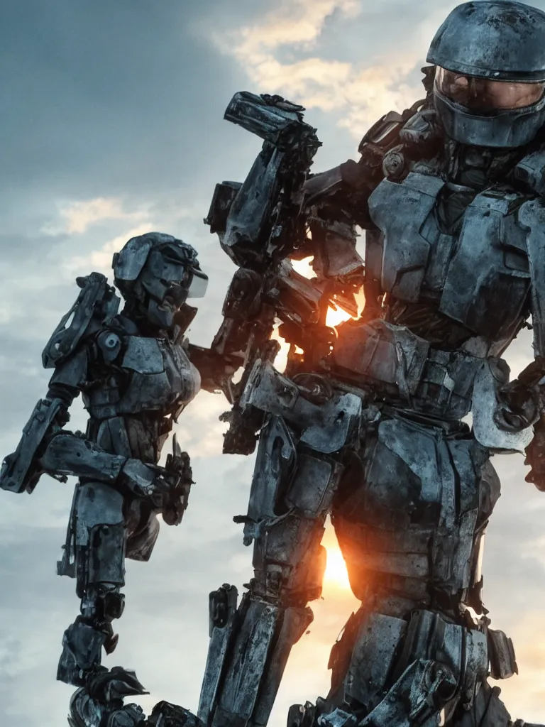 Image similar to emily blunt in futuristic power armor, holding a sword, edge of tomorrow, angel of verdun, sunset