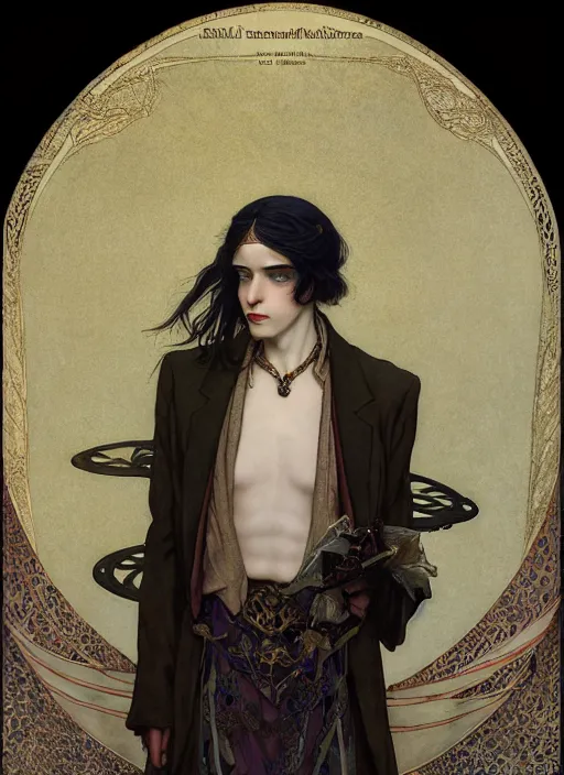 Image similar to edmund dulac, leyendecker, highly detailed portrait, a beautiful androgynous sebastian michaelis, long hair, tall and thin, wearing several pendants, art nouveau, stephen bliss, unreal engine, by greg rutkowski, loish, ferdinand knab, ilya kuvshinov, rossdraws, tom bagshaw, alphonse mucha, global illumination, radiant light