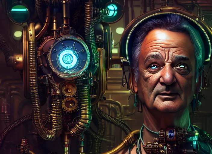 Image similar to an intricately detailed ultra - realistic unreal engine 5 rendering of a portrait of steampunk cyberpunk neon - bordered cyborg bill murray, concept art, intricate details, eerie, highly detailed, photorealistic, octane render, 8 k uhd art by kilian eng