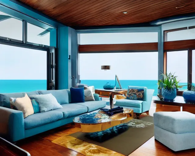 Image similar to A modern living room in a ocean hues style, inspired by the ocean, ocean view, luxurious wooden coffee table, calm, relaxed style, harmony, wide angle shot, 8k resolution