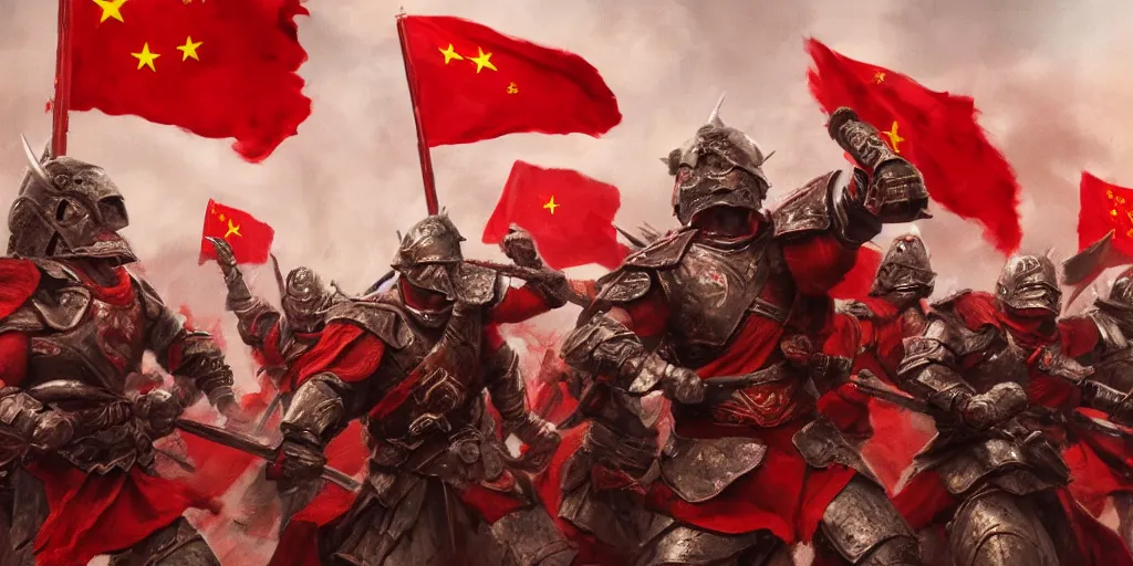 Prompt: mid shot cinematic artwork of a small group of rag tag warriors surrounded by an ancient Chinese army wearing red armor and holding red flags on the battlefield by greg rutowski, masterpiece, 4k