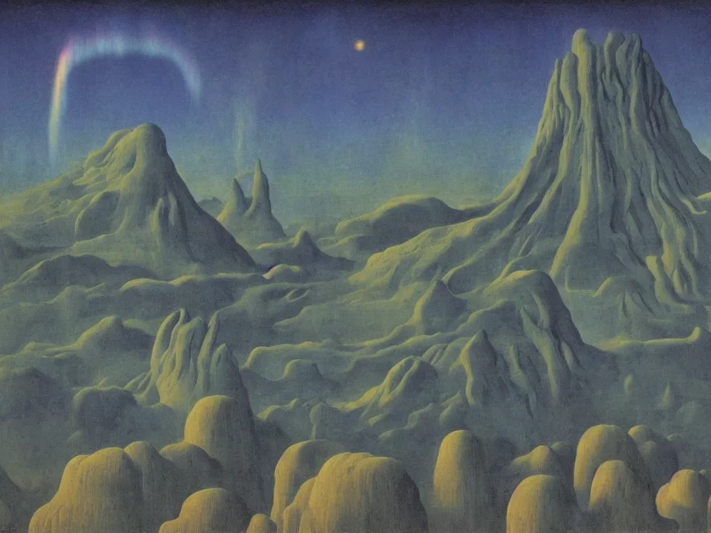 Prompt: Aurora Borealis night, sweaty mountain, the antler people, giant raindorps, African god mask, acid rains. The sacred breast, Fata morgana above the oasis. Painting by Rene Magritte, Jean Delville, Max Ernst, Maria Sybilla Merian