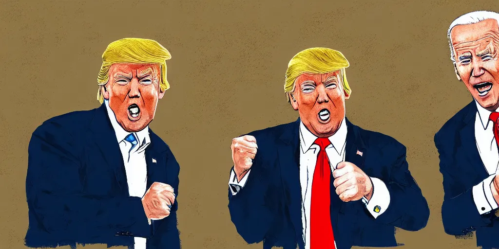 Image similar to a portrait of donald trump and joe biden having a fist fight, art station, digital art