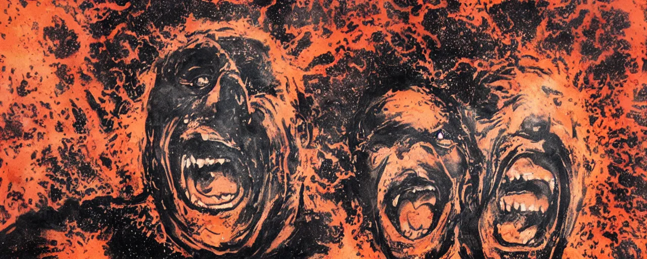 Image similar to portrait of a mad man screaming and laughing with lava bursting from the eyes, black ink stain, by Jimbo Phillips,