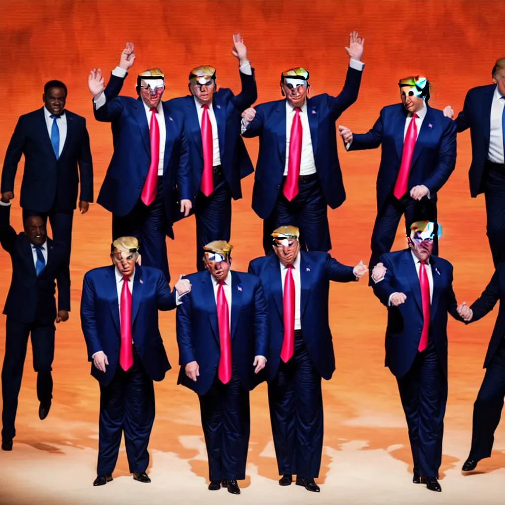 Prompt: “ photo of a vladimir putin, donald trump and ron desantis dancing a congo line on stage at cpac 2 0 2 2, award winning photo, golden hour, 2 0 mm lens ”