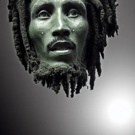 Image similar to Award-winning photograph by Mar Mann. The photo depicts a decaying roman bust of Bob Marley overgrown with moss at the bottom of the sea in the middle of ruins of civilization. Minimalism, high definition, perfect composition. Deep sea picture. Very dark. Volumetric Lighting. Fish. Darkness. Ruins