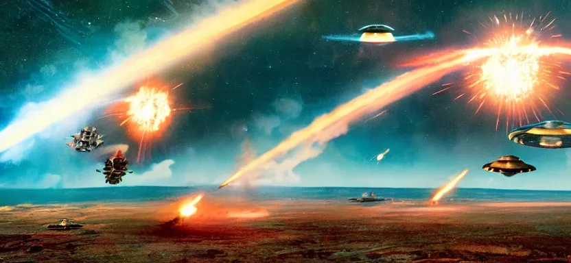 Prompt: a film still of an epic space ufo battle, explosions, wide angle, rule of thirds, colorful, thunderbirds, hbo, 4 k, hd, hyperrealistic, 7 0 mm, cronenberg