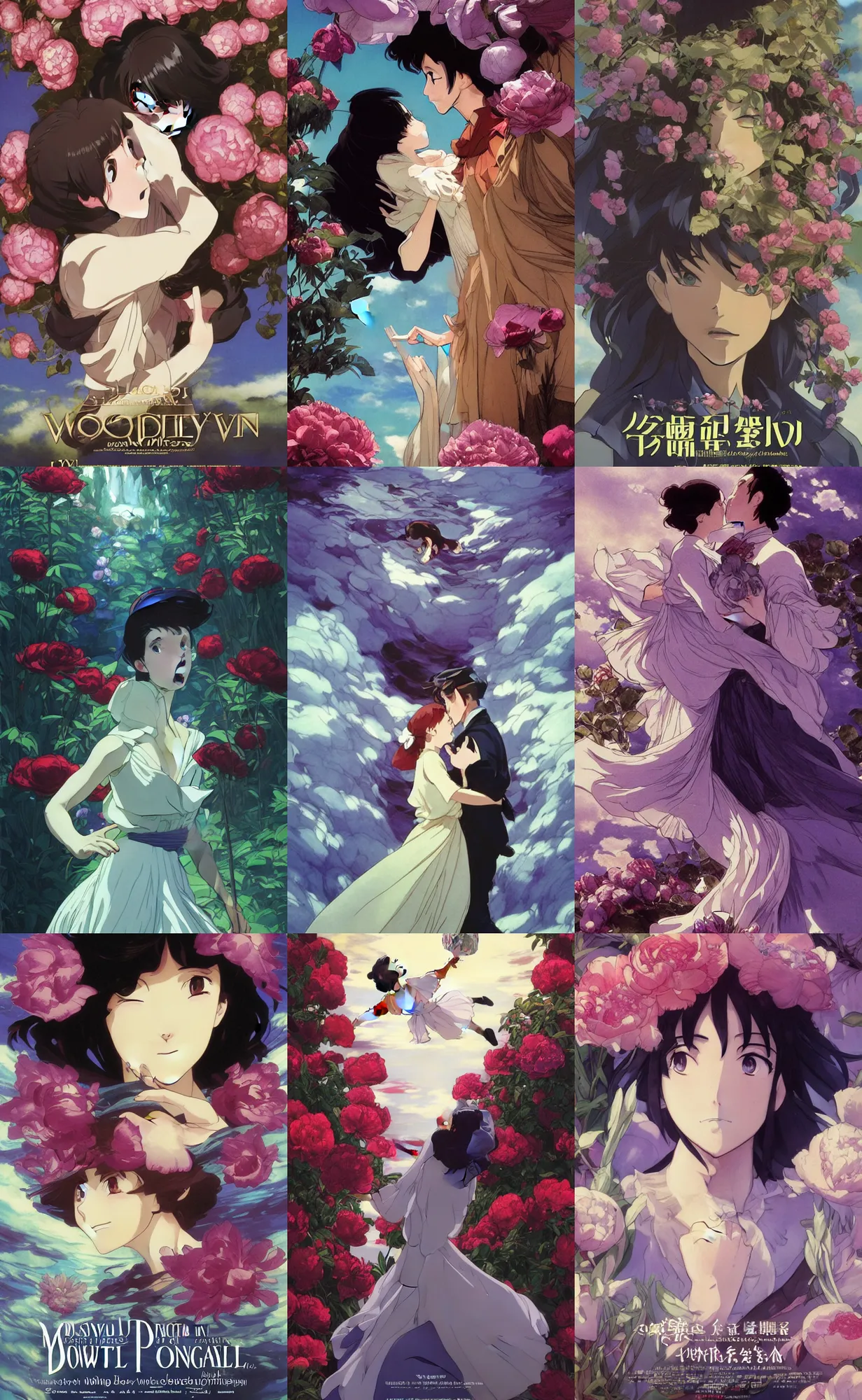 Prompt: bestselling movie poster, official media, cinematic beautiful closeup moment of saying goodbye. Dancing slowly peonies howls moving castle , by frederick judd waugh, simple form, brutal shapes, shaman, pixiv, 1970s fashion, official anime media, studio ghibli, artwork by Joaquin Sorolla and john william waterhouse and Denis Sarazhin and James Jean and klimt and rhads and van gogh and Dean Ellis and Detmold Charles Maurice digital illustration by greg rutkowski, wong kar wai