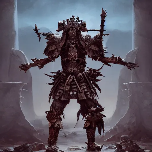 Prompt: a hyper realistic render of a techpriest warlord, standing on a pile of skulls and bones, old school fantasy art, octane eender, 4 k, unreal engine,
