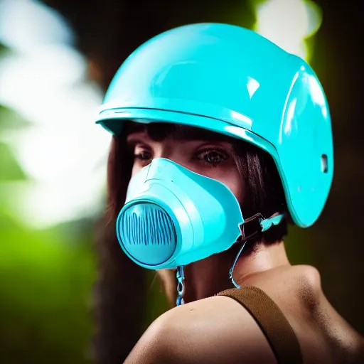 Prompt: Portrait of an editorial model with cyan aqua cassette mask helmet reflective light standing in a bright jungle detailed ultra close up photo 105mm f2.8