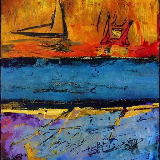 Prompt: a painting of a sailboat floating on a body of water, an abstract painting by ted degrazia, reddit contest winner, lyrical abstraction, mixed media, acrylic art, gold leaf, oil on canvas