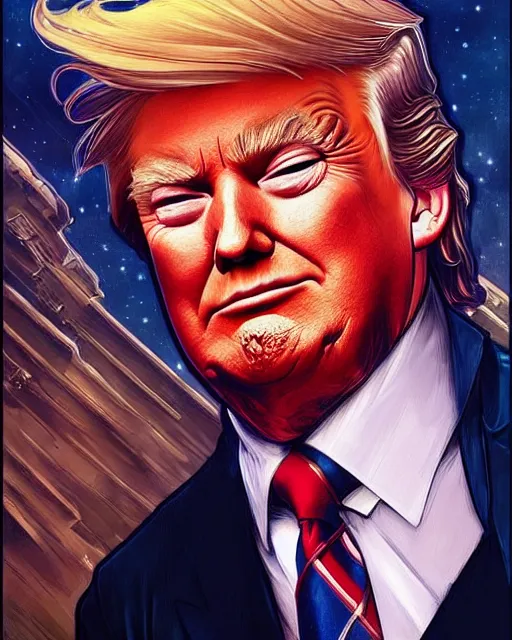 Image similar to smirky donald trump painted by artgerm and greg rutkowski and alphonse mucha. clear highly detailed face, beautiful sci fi art