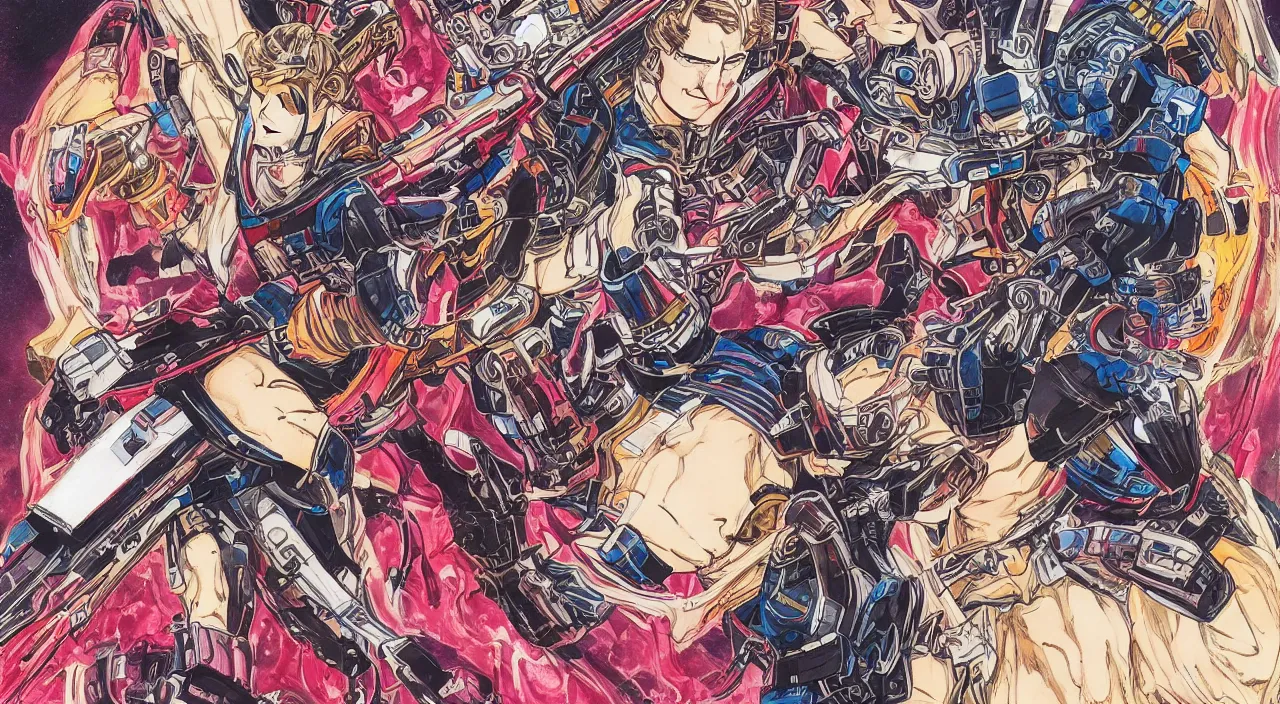 Image similar to Cyber-Samurai, highly detailed illustration richly colored ink, in style of Tomino-Sama