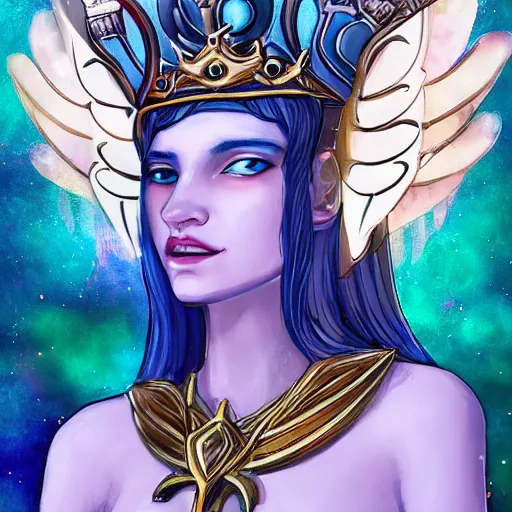 Image similar to Artemixel, the modern reincarnation of the old selenium god of hunt and moon, also known as Artemis or Selene, carrying the crown of the crescent moon. They are crowned by a bright and slightly bluish crescent like the brightness of the night. Treding on Artstation, digital art, concept art