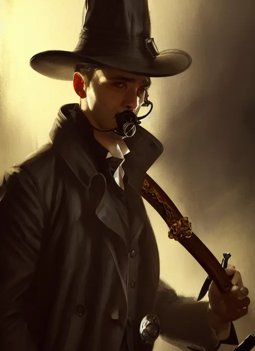 Image similar to portrait of a detective wearing trench coat and smoking puro, holding a sword, victorian, concept art, detailed face, fantasy, close up face, highly detailed, cinematic lighting, digital art painting by greg rutkowski