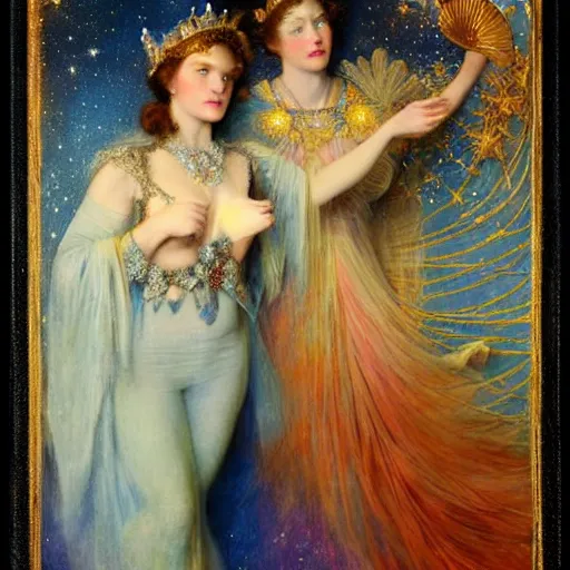 Prompt: the queen of the moon and the stars in full regalia, by Annie Swynnerton and Tino Rodriguez and Maxfield Parrish, elaborately costumed, rich color, dramatic cinematic lighting, extremely detailed