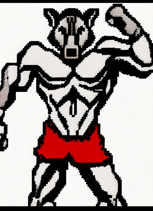 Image similar to full body shot. antropomorphic muscular masculine wolf. kickboxer, in red shorts. wolf head. furr on body. 8 bit nes graphics, pixelate