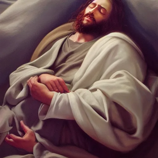 Image similar to Jesus Christ asleep tucked in in his bed, old realistic painting trending on artstation