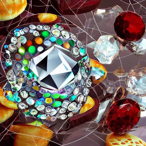 Image similar to a crystal hamburger centerpiece, digital art, dramatic jewelry photography