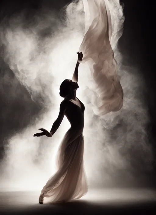 Image similar to a Photorealistic dramatic hyperrealistic render of a beautiful Female smoke dancer by Ken Brower and Deborah Ory of NYC Dance project,Lois Greenfield,Flowing cloth and smoke,Beautiful dynamic dramatic dark moody lighting,volumetric,shadows,cinematic atmosphere,Octane render,8K