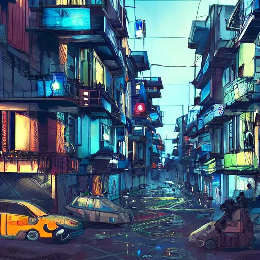 Image similar to barrio conurbano bonaerense in a cyberpunk style