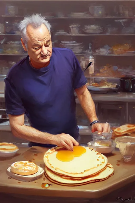 Image similar to bill murray making pancakes animation pixar style, by magali villeneuve, artgerm, jeremy lipkin and michael garmash, rob rey and kentaro miura style, golden ratio, trending on art station