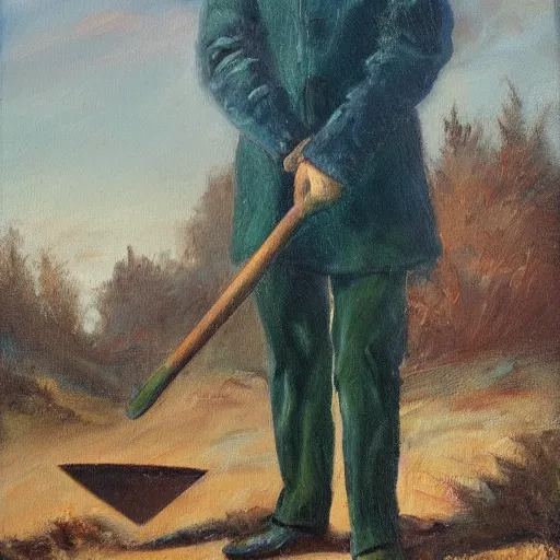 Image similar to A oil painting of a man with a shovel standing next to an open grave, subtle blue, orange, and dark green tones, high quality, high detail,