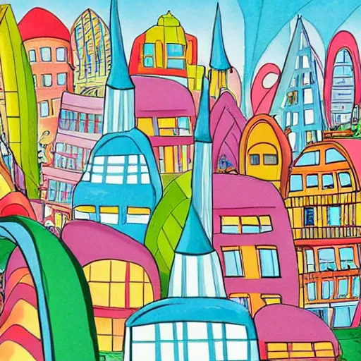 Prompt: fanciful city filled with curvy buildings, by dr seuss, towers, platforms, arches, bridges, stairs, colorful kids book illustration