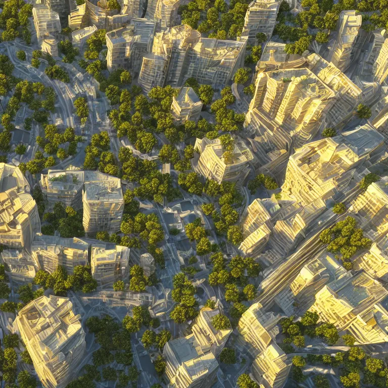 Prompt: a beautiful eco-city center full of skybridges and terraces, sunbeams, golden hour, detailed, realism, 8k high resolution