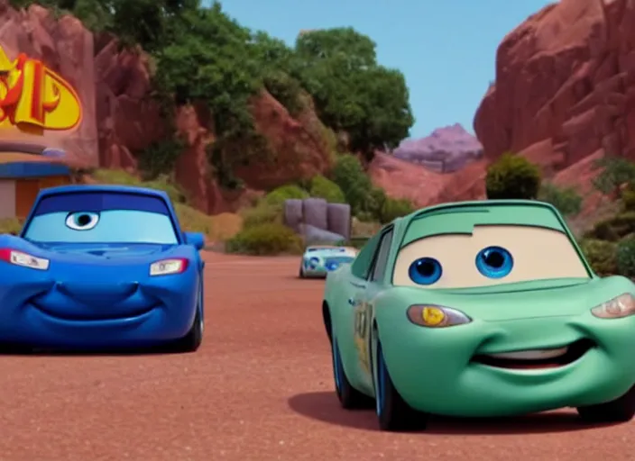 Image similar to a still from disney pixar's cars with a cameo from tommy wiseau