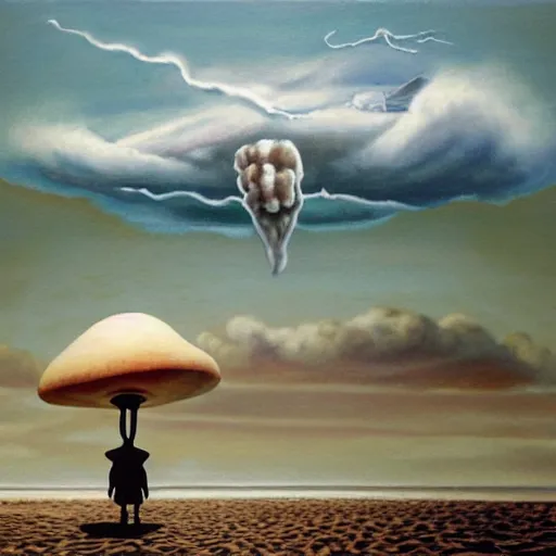 Image similar to a skeleton walking on a beach next to the ocean with nuclear bomb explosion in the background, a naturalism painting by Storm Thorgerson, featured on cg society, matte painting, realistic, chillwave, anatomically correct, light colors, photo-realistic mushroom-cloud in the background