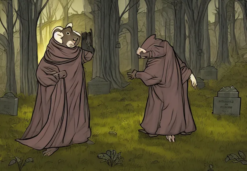Image similar to big possum dressed like a monk at a scary medieval cemetery in the middle of the forest at night, highly detailed, photorealistic, isometric, digital art