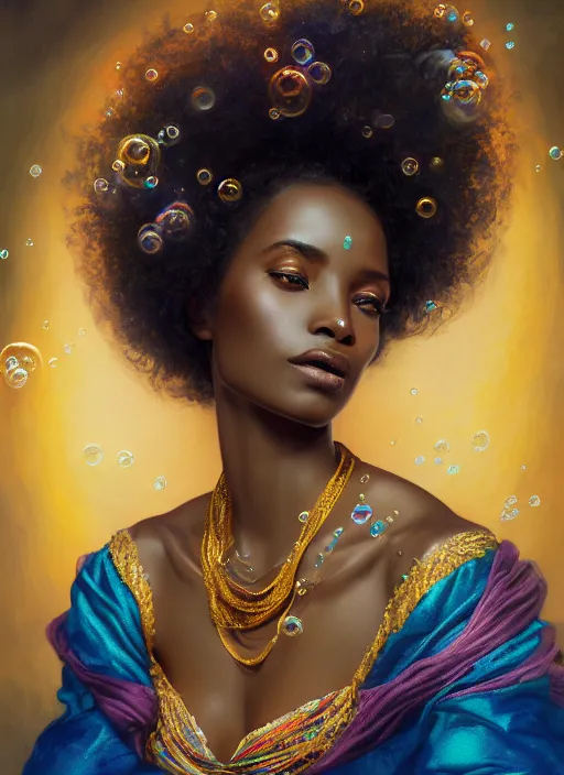 Prompt: portrait of magical ethiopian woman, dreamy and ethereal, gold and teal eyes, peaceful expression, ornate frilly dress, fantasy, intricate, elegant, rainbow bubbles, highly detailed, digital painting, artstation, concept art, smooth, sharp focus, illustration, art by artgerm and greg rutkowski and alphonse mucha