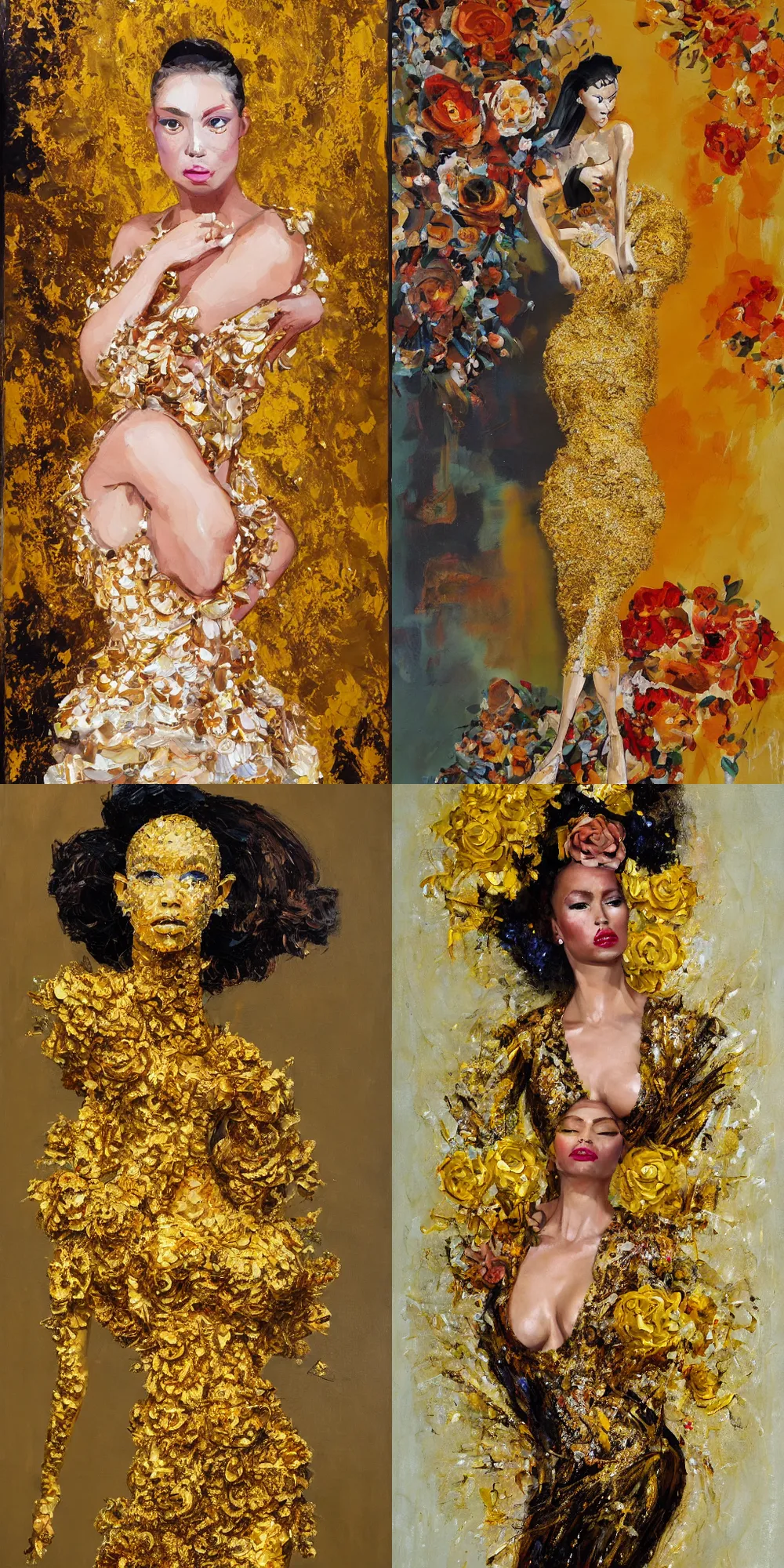 Image similar to tara banks wearing a golden haute couture dress in the style of ger doornink full figure painting by andrei riabovitchev, sandra chevier, tara mcpherson, david choe, decorative flowers, fashion, elegance, sophisticated, detailed painterly impasto brushwork