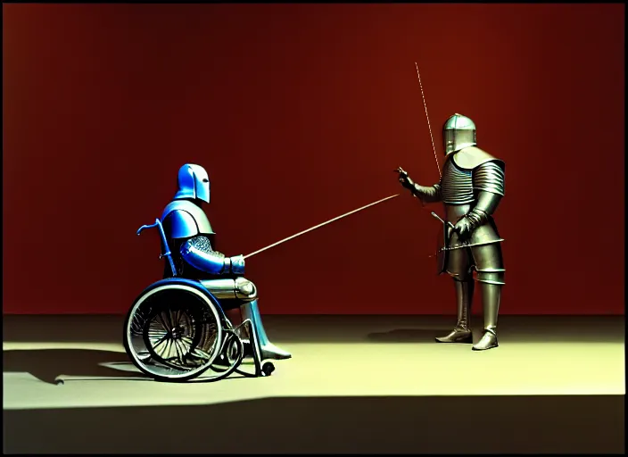 Image similar to knight in armor in a wheelchair do tricks, minsk, highly detailed, soft lighting, elegant, works by edward hopper and james gillard, zdislaw beksinski, stephen outram, andreas m wiese, highly detailed, masterpiece. rendered in blender, smooth shadows, ultra detail, high resolution, unreal 6, 8 k