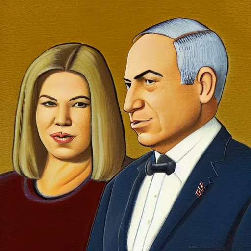 Image similar to A portrait of Benjamin Netanyahu and Sara Netanyahu by Grant Wood