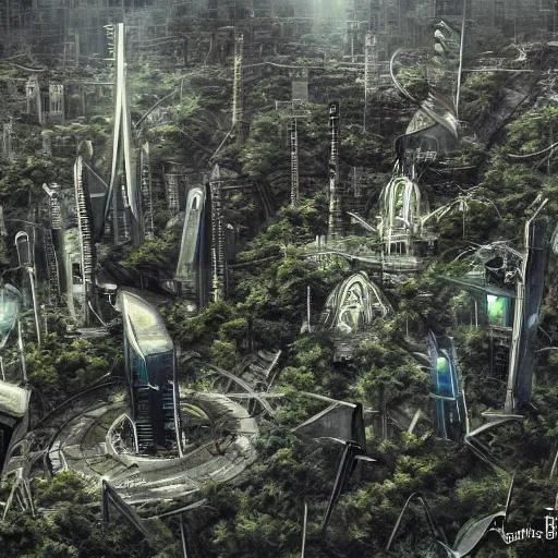 Prompt: futuristic urban decay overgrown cityscape photo shot from helicopter jeff wayne war of the worlds highly detailed trending on artstation 8 k