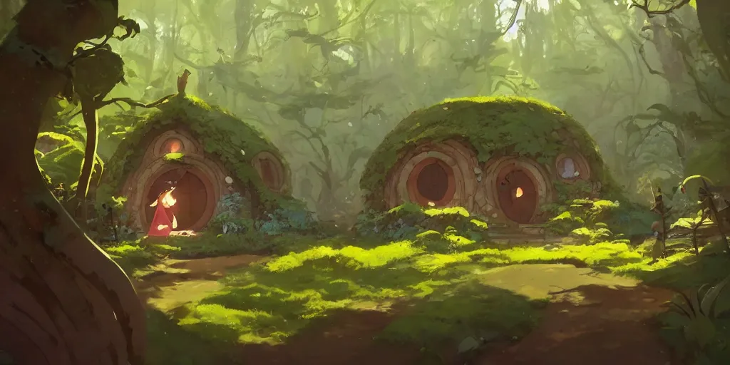 Image similar to magic hobbit mushrooms house in the woods, moss, lianna, jungles, by cory loftis & akihiko yoshida & james gilleard & atey ghailan & makoto shinkai & goro fujita & studio ghibli, rim light, exquisite lighting, clear focus, magic atmosphere, very coherent, plain background, soft painting